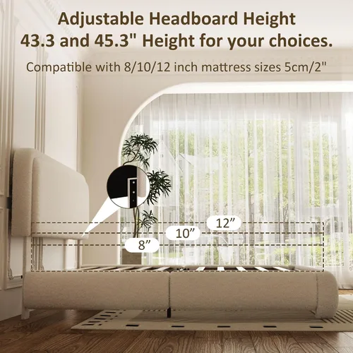 Miniatura 6 de Base de cama tamaño Queen, marco de cama de terciopelo Teddy Boucle con cabecera tapizada ajustable de 43.3"/45.3", esquinas redondeadas, base