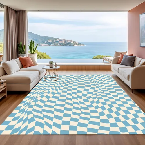 Miniatura 7 de Alfombra ondulada azul única con diseño de cuadros para sala de estar, extra grande, lavable a máquina, alfombra de pasillo de cocina, alfombra