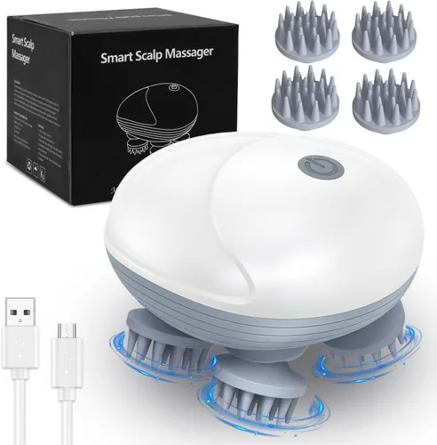 Masajeador para Gatos, Masajeador Eléctrico del Cuero Cabelludo, Masajeador de Cabeza con 4 Cabezales de Masaje, Masajeador de Espalda y Cuero Blanco