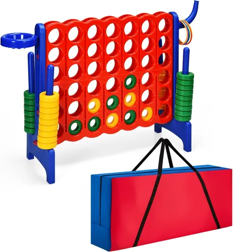 Miniatura 13 de COSTWAY Juego gigante gigante de 4 en puntuación con bolsa de transporte, juego de 2.5 pies para interiores y exteriores con aro de baloncesto