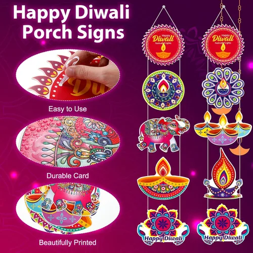 Miniatura 3 de Hotop 2 carteles colgantes con temática de Deepavali de 78 x 11.4 pulgadas, decoraciones Diwali para el hogar, festival de luces, fiesta, puerta