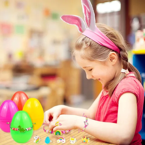 Miniatura 2 de Relleno de cesta de Pascua para niñas y niños, huevos de Pascua rellenos de 6 huevos con pulsera colorida y anillo en el interior, huevos de Pascua