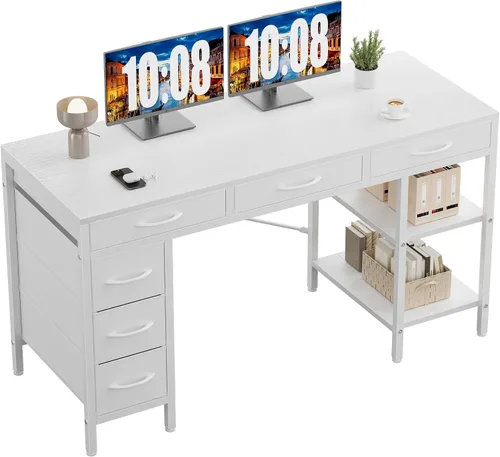 Miniatura 10 de Sweetcrispy Escritorio para computadora de 47 pulgadas con 6 cajones, escritorio para juegos de oficina en casa con estantes de almacenamiento