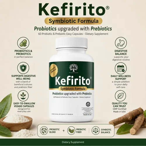 Miniatura 6 de Kefirito Daily Symbiotic Formula – Suplemento diario probiótico + prebiótico, 60 cápsulas – Absorción equilibrada de nutrientes y apoyo de comodidad