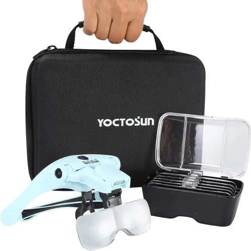 Miniatura 14 de YOCTOSUN - Gafas de aumento con 4 luces LED, 5 lentes, estuche de almacenamiento para la cabeza, lupa iluminada manos libres para manualidades, Azul