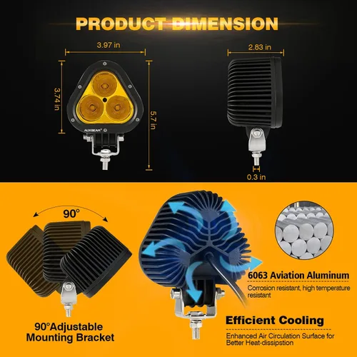 Miniatura 5 de Auxbeam Luz antiniebla LED ámbar de 4 pulgadas de 90 W, luz LED súper brillante de 9000 lm, luz LED todoterreno, luz amarilla, combo de inundación