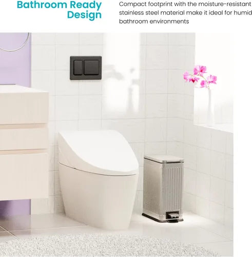 Miniatura 2 de Home Zone Living - Cubo de basura pequeño de 3 galones con tapa y pedal para pisar, de acero inoxidable con diseño estriado delgado para el hogar