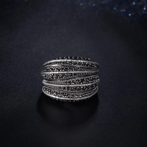 Miniatura 4 de Mytys Anillos llamativos para mujer con circonitas negras, diseño ondulado, anillo de banda ancha vintage