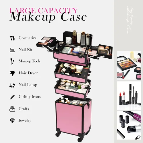 Miniatura 5 de Estuche de tren de maquillaje rodante de partículas para cosméticos, organizador de almacenamiento grande con ruedas giratorias, estuche