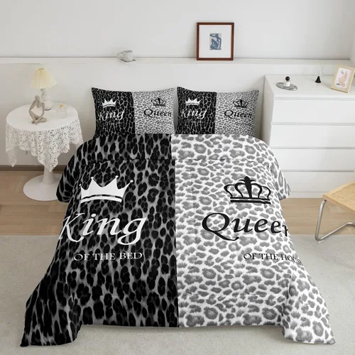 Miniatura 8 de jejeloiu Juego de edredón con patrón de corona, edredón estampado King y Queen para niños y adolescentes, juego de ropa de cama moderno de arte