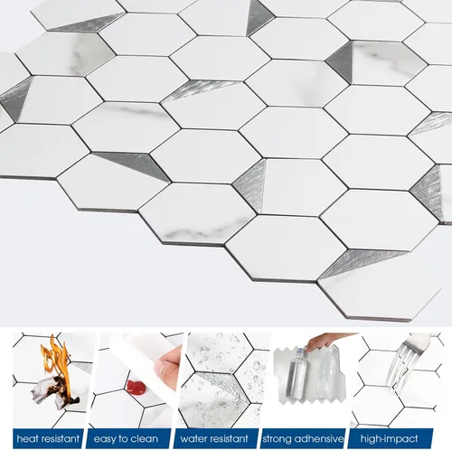 Miniatura 5 de 10 hojas de azulejos para despegar y pegar para salpicaduras de cocina, azulejo hexagonal de 31.5 x 29.3 cm, mármol blanco, mezcla de metal Mármol