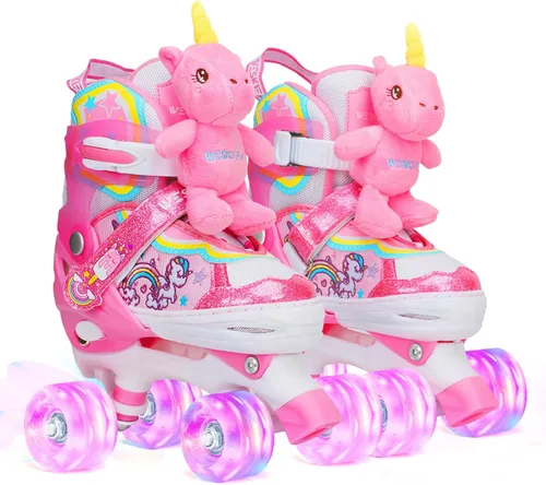 Dino - Patines de ruedas para niños y niñas, WESKIFAN Dinosaur Quad Skating Shoes con ruedas brillantes y tamaños ajustables para principiantes para