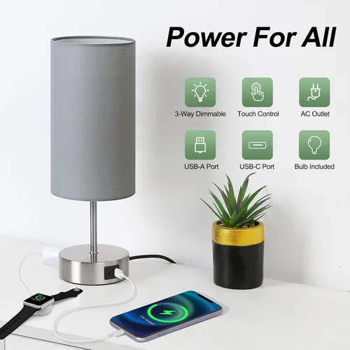 Miniatura 2 de Yarra-Decor Lámpara de noche mejorada con puertos de carga USB A+C y salida de CA, lámpara de mesa de control táctil para dormitorio, lámpara de Gris