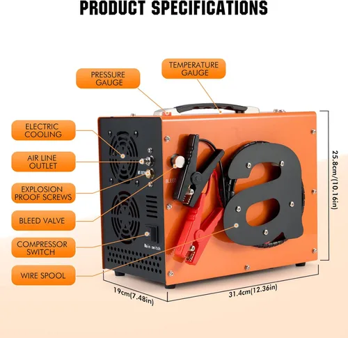 Miniatura 8 de Compresor de aire PCP con apagado Atuo, portátil 4500Psi/30Mpa, sin agua/aceite, arranque de un botón, disco de estallido, compresor de pistola