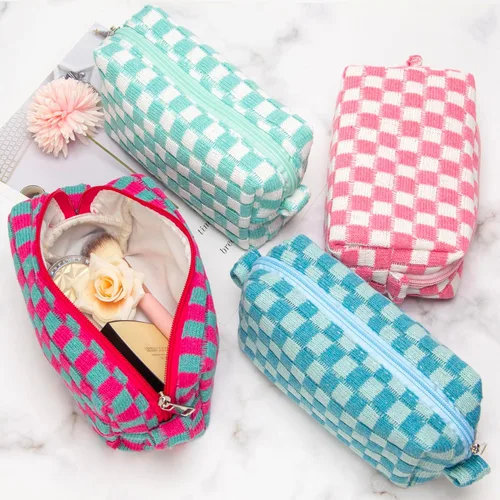 Miniatura 8 de PAZIMIIK Bolsa de Maquillaje a Cuadros para Bolso Portátil con Cremallera, Estuche Pequeño de Cosméticos para Accesorios de Viaje, Azul Ártico