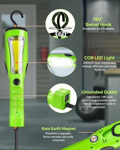 Miniatura 5 de Luz de trabajo LED de 18W, luz LED COB de 2000 lm de 15 pies, luz de mano para debajo del capó con cable de 16 calibre SJTW, gancho giratorio