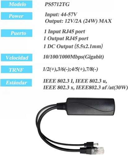 Miniatura 5 de Divisor PoE Gigabit 12V 2A Salida con IEEE 802.3af/at Cumple con el estándar 10,100,1000Mbps Divisor Adaptador de alimentación a través de Ethernet