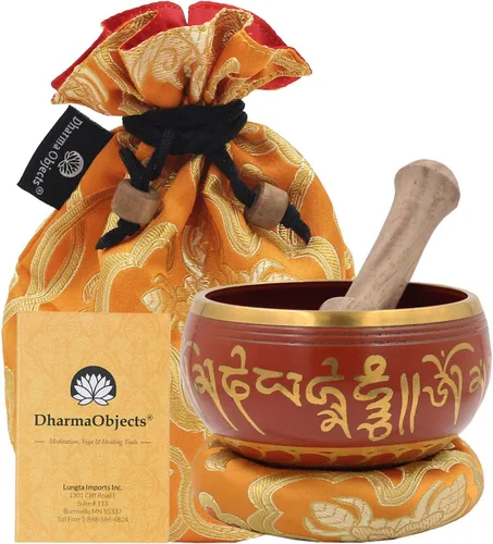 Miniatura 10 de DharmaObjects ~ Juego de cuencos tibetanos OM con mazo, cojín de brocado y bolsa de transporte ~ para meditación, curación de chakras, oración, yoga