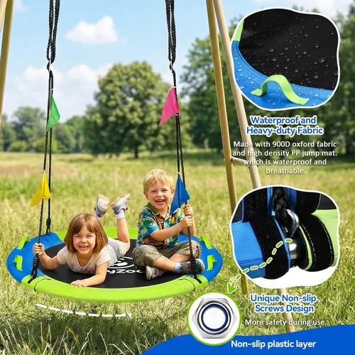 Miniatura 5 de HeyZoo Columpio de árbol de 43 pulgadas, conjunto de columpios de platillo con capacidad de peso de 900 libras para niños, viene con giro de 360