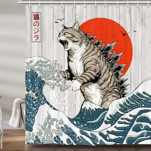 Miniatura 6 de Divertida Cortina de Ducha de Gato, Cortina de Ducha de Gato Genial con Dinosaurio y Ola Oceánica Japonesa, Cortina de Ducha Divertida de Gato