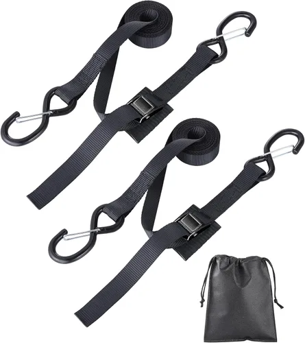 Correas de amarre mejoradas de 1 x 8 pies, hebilla de leva para portaequipajes con ganchos, correa segura resistente, color negro, paquete de 2