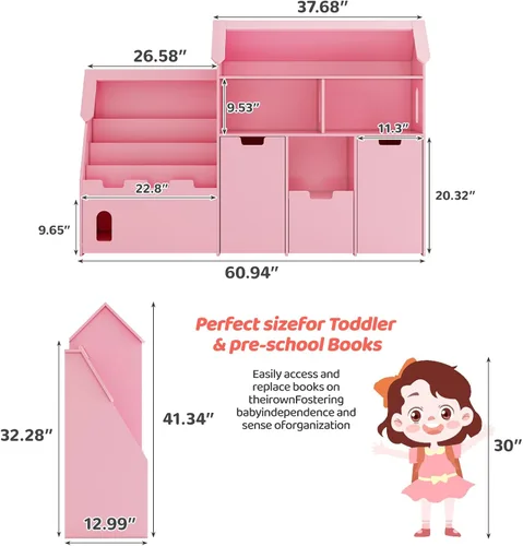 Miniatura 2 de Vabches Organizador de almacenamiento de juguetes de 70 pulgadas, estantería para niños en forma de castillo con 2 cajones extraíbles, 2 gabinetes