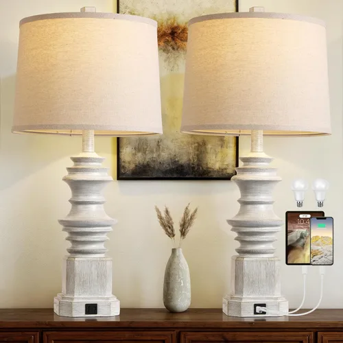 Miniatura 8 de QiMH - Juego de 2 lámparas de mesa para mesita de noche, lámpara de noche con dos puertos de carga USB, lámparas de mesa de decoración de granja