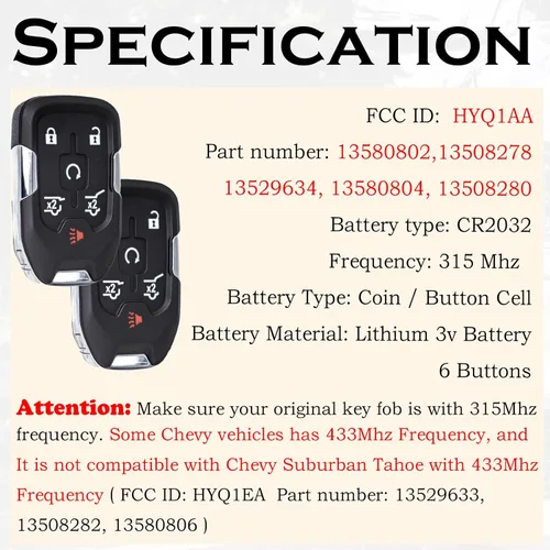 Miniatura 3 de SUPALAND Llavero de Reemplazo para Coche Compatible con Chevy Suburban Tahoe GMC Yukon/Yukon XL Denali 2015-2020 Arranque por Botón 6 Botones