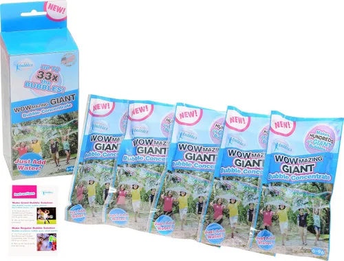 WOWMAZING Recambio de burbujas grandes – Solución concentrada de burbujas gigantes hace 4 galones | 5 bolsas para la diversión de los niños |