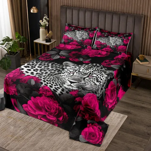 Miniatura 27 de Erosebridal Juego de edredón de león, color turquesa, verde azulado, rosa para mujeres y hombres, juego de colcha de flores de animales salvajes