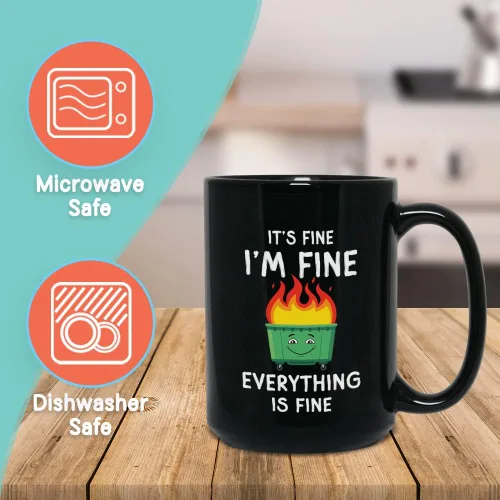 Miniatura 2 de Taza de café divertida de 15 onzas, color negro, con texto en inglés "It's Fine Everything Is Fine", contenedor de basura con humor de fuego, regalo