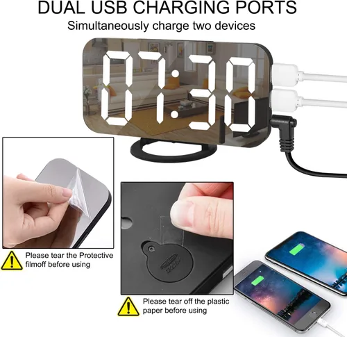 Miniatura 5 de Reloj Digital con Pantalla Grande, Relojes Despertadores LED Eléctricos con Superficie de Espejo para Maquillaje con Modo de Atenuación, 3 Niveles