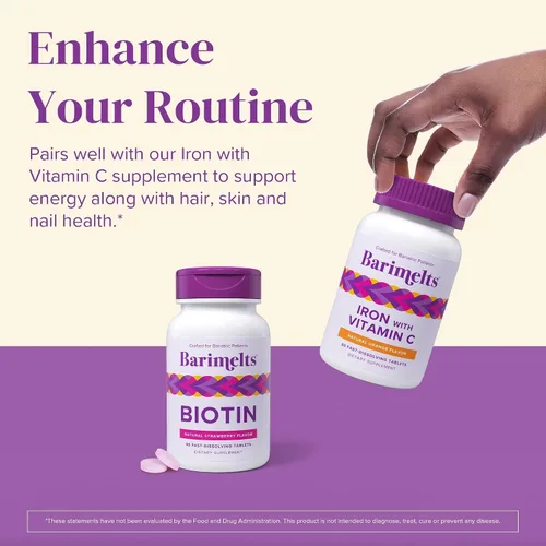 Miniatura 7 de Vitaminas BariMelts Biotin, sin azúcar, naturales, sabor fresa, en cápsulas masticables de absorción rápida, 90