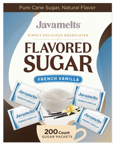 Javamelts Paquetes de azúcar con sabor a vainilla francesa, azúcar de caña pura para hornear, sustituto del jarabe de café, cócteles, té, sin OMG,