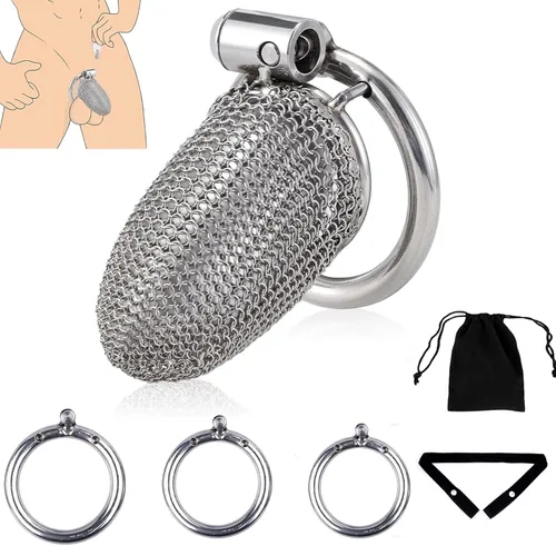 Jaula de castidad con cinturón, dispositivo de castidad masculina con bloqueo invisible, 3 tamaños de anillos (1.57 pulgadas, 1.77 pulgadas, 1.97