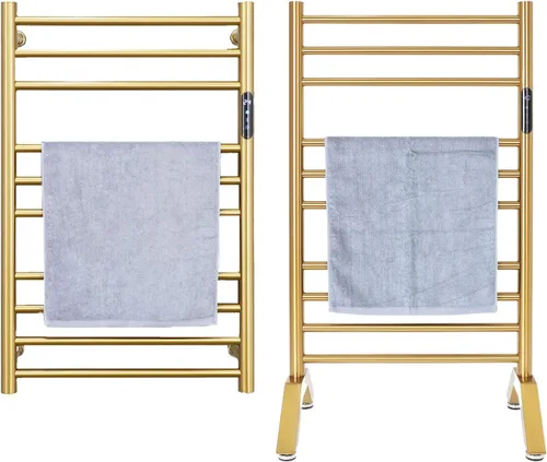 Calentador de toallas eléctrico dorado, toallero calentado de pie y montado en la pared para baño, radiador de acero inoxidable 304, calentador de