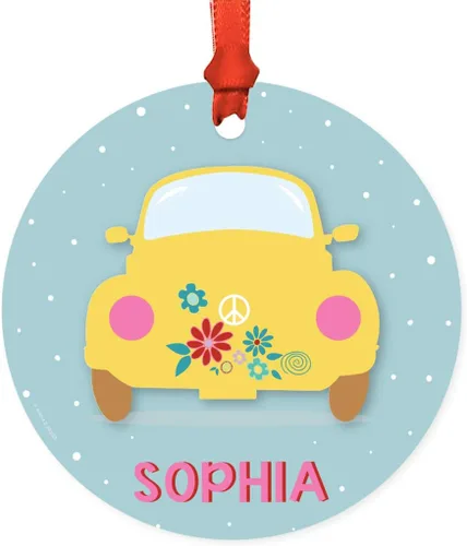Miniatura 18 de Andaz Press Adorno de Navidad redondo personalizado de metal, hippie de los años 70 VW Aqua Bug, 1 paquete, decoraciones personalizadas
