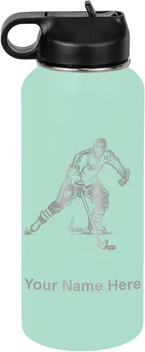 Miniatura 53 de LaserGram Botella de agua personalizada, jugador de hockey, acero inoxidable de doble pared aislada al vacío con popote superior, regalo grabado