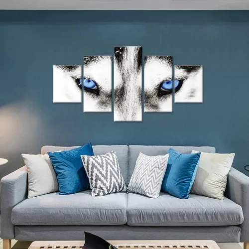 Miniatura 2 de Lienzo grande de 5 piezas de arte de pared de lobo blanco y negro, ojos azules, cara de animal, cabeza de animal, pintura abstracta para sala