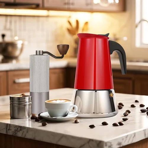 Miniatura 8 de Olla de moka de 6 tazas (300 g) para espresso en cocina, olla de acero inoxidable 304, compatible con inducción, roja Rojo