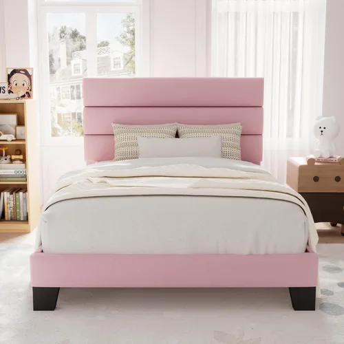 Miniatura 26 de Allewie - Base de cama de plataforma matrimonial con cabecera tapizada de tela y soporte de listones de madera, base de colchón totalmente tapizada