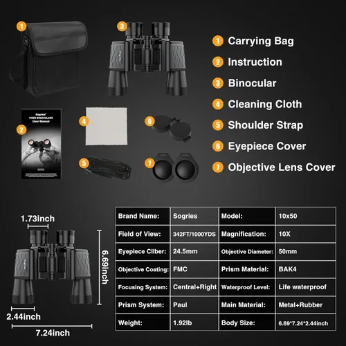 Miniatura 9 de Prismáticos HD de 10 x 50 para adultos de alta potencia, impermeables y compactos para observación de aves, viajes, visión con poca luz, agarre