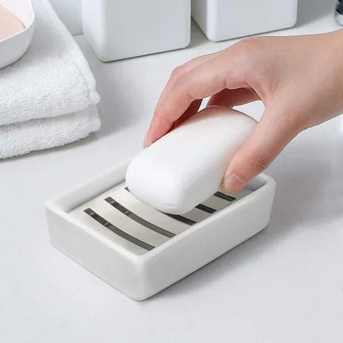 Miniatura 4 de TOPSKY Jabonera de cerámica de acero inoxidable para baño, doble capa, bandeja de jabón autodrenante, di no al jabón blando, fácil limpieza (blanco)