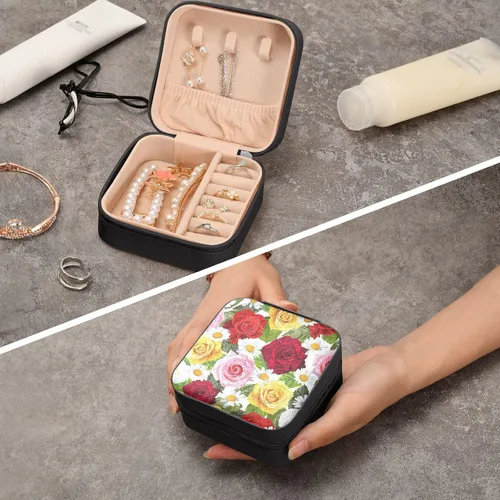 Miniatura 8 de Kigai Rose Daisy Travel Jewelry Box Organizer for Women, PU Leather Portable Small Jewelry Storage Holder Box for Earrings Rings Necklaces Bracelet