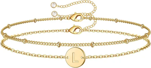 MONOZO - Pulseras con iniciales para mujeres y niñas, delicadas con cuentas de oro de 14 quilates, personalizadas, 26 letras del alfabeto,