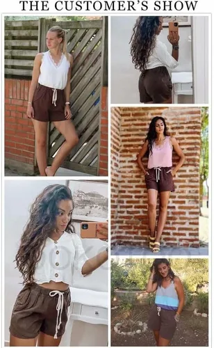Miniatura 5 de Dokotoo Pantalones cortos casuales de lino y algodón con cordón elástico para mujer