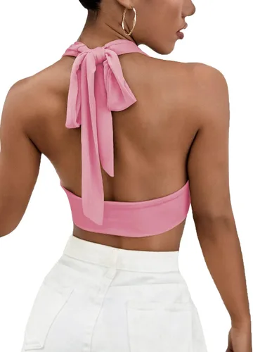 Miniatura 2 de Camiseta LYANER para mujer, con cuello en V ancho, estilo halter, con espalda al aire y sin mangas