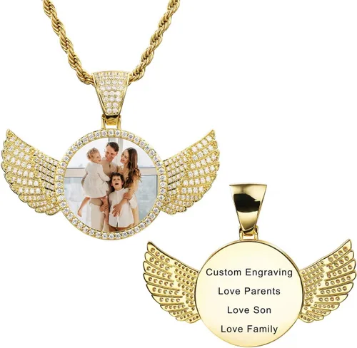 MeMeDIY Colgante de imagen de memoria de hip hop personalizado para hombres y mujeres, grabado imagentextonombrefecha, foto personalizada, ala de