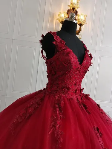 Miniatura 5 de Vestidos de quinceañera con cuello en V para mujer, vestido de baile de tul brillante 3D, apliques de flores dulces 15 16, vestidos de fiesta
