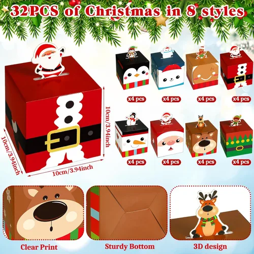 Miniatura 2 de Yeaqee 32 piezas cajas de regalo de Navidad 3D caja de dulces de Navidad bolsas de regalo de Navidad con forma de jengibre, muñeco de nieve
